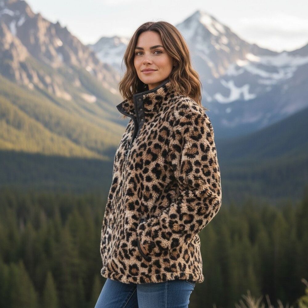 Women's Sherpa Leopard  Jacket Button Up XL EUC